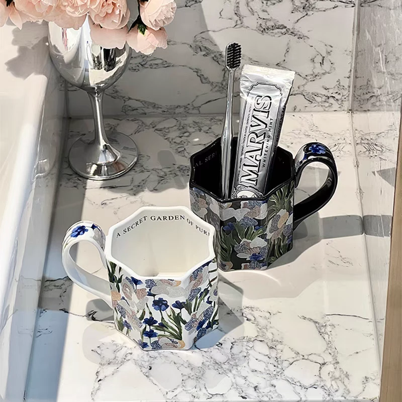 花草系列水彩画刷牙杯陶瓷漱口杯家用情侣刷牙杯高颜值浴室洗漱杯