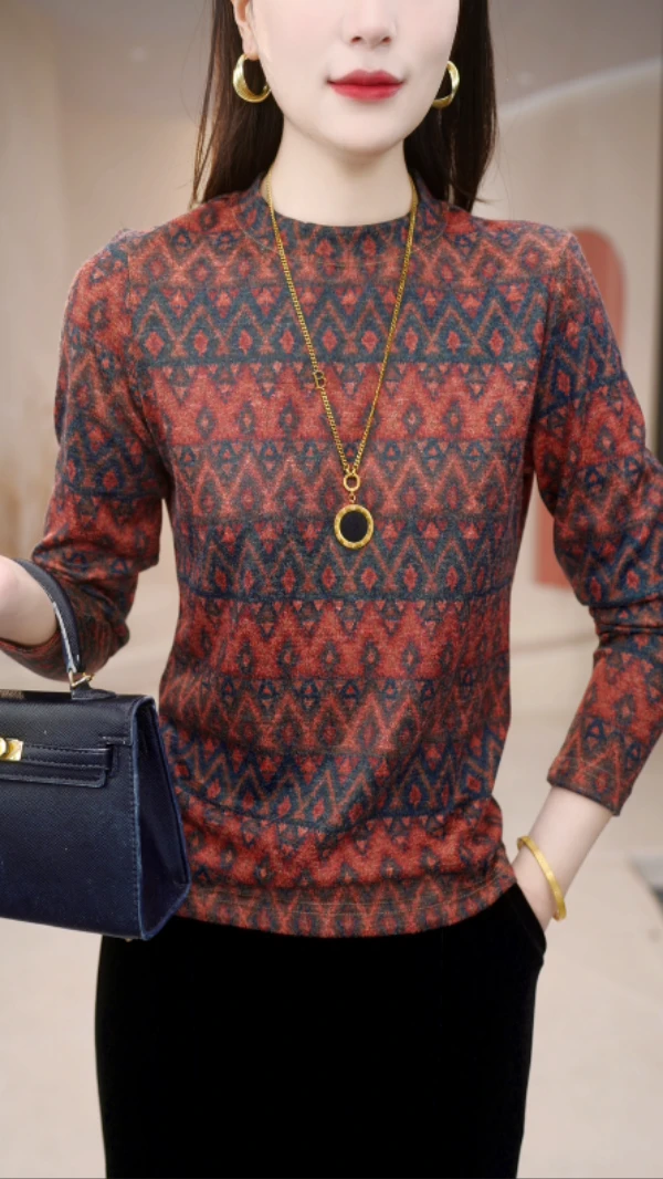 2025新款淡雅花颜漂亮半高领小衫套头针织长袖上衣保暖打底内搭