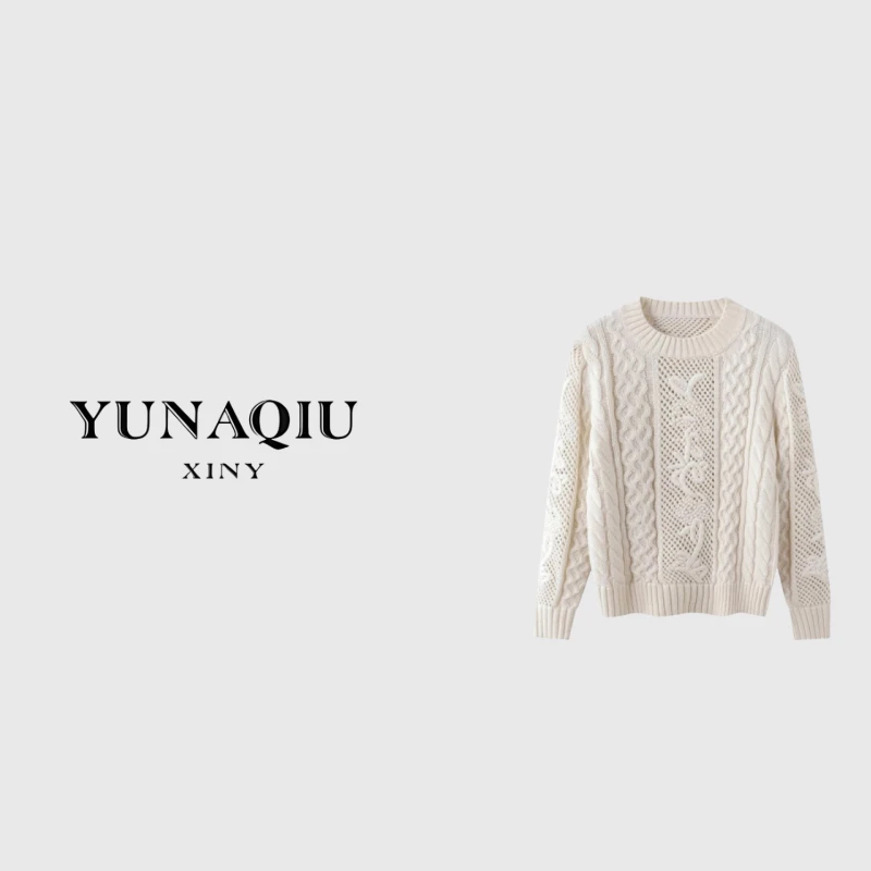YUNAQIU 绣花时尚轻奢重磅套头圆领百搭打底款毛衣-2048