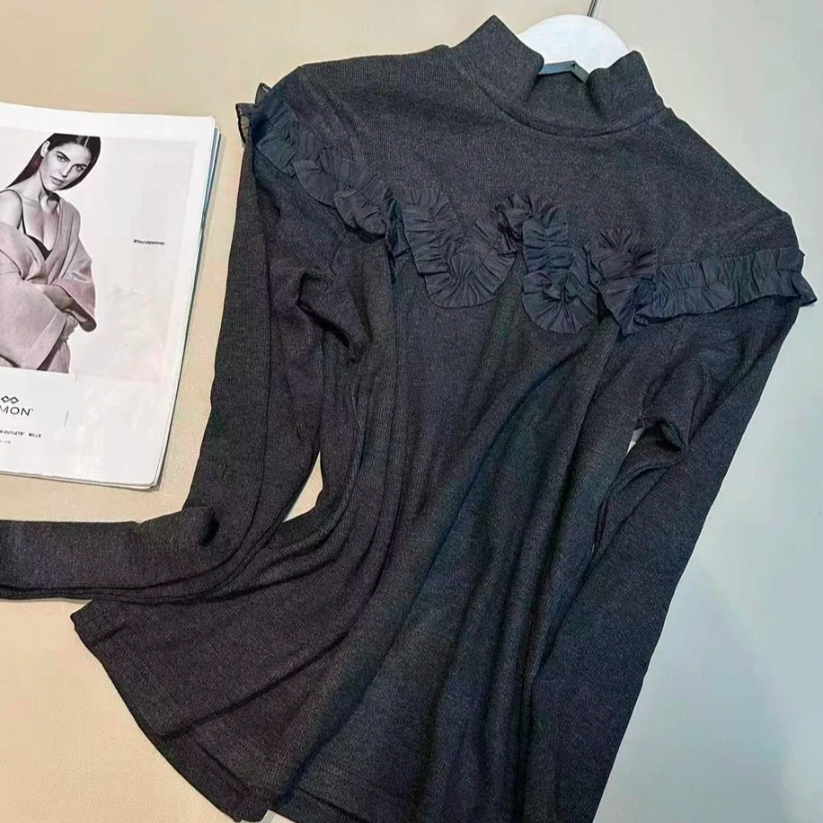 优选设计感新款精致花边半高领秋冬季长袖高领休闲女士打底衫