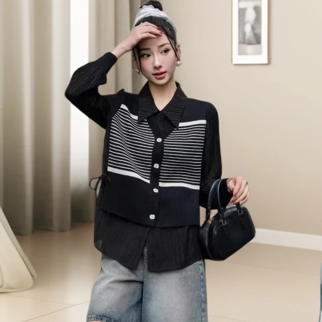 1003#黑【木兮兮专属】2025年秋冬季新女气质显瘦条纹百搭时尚小衫