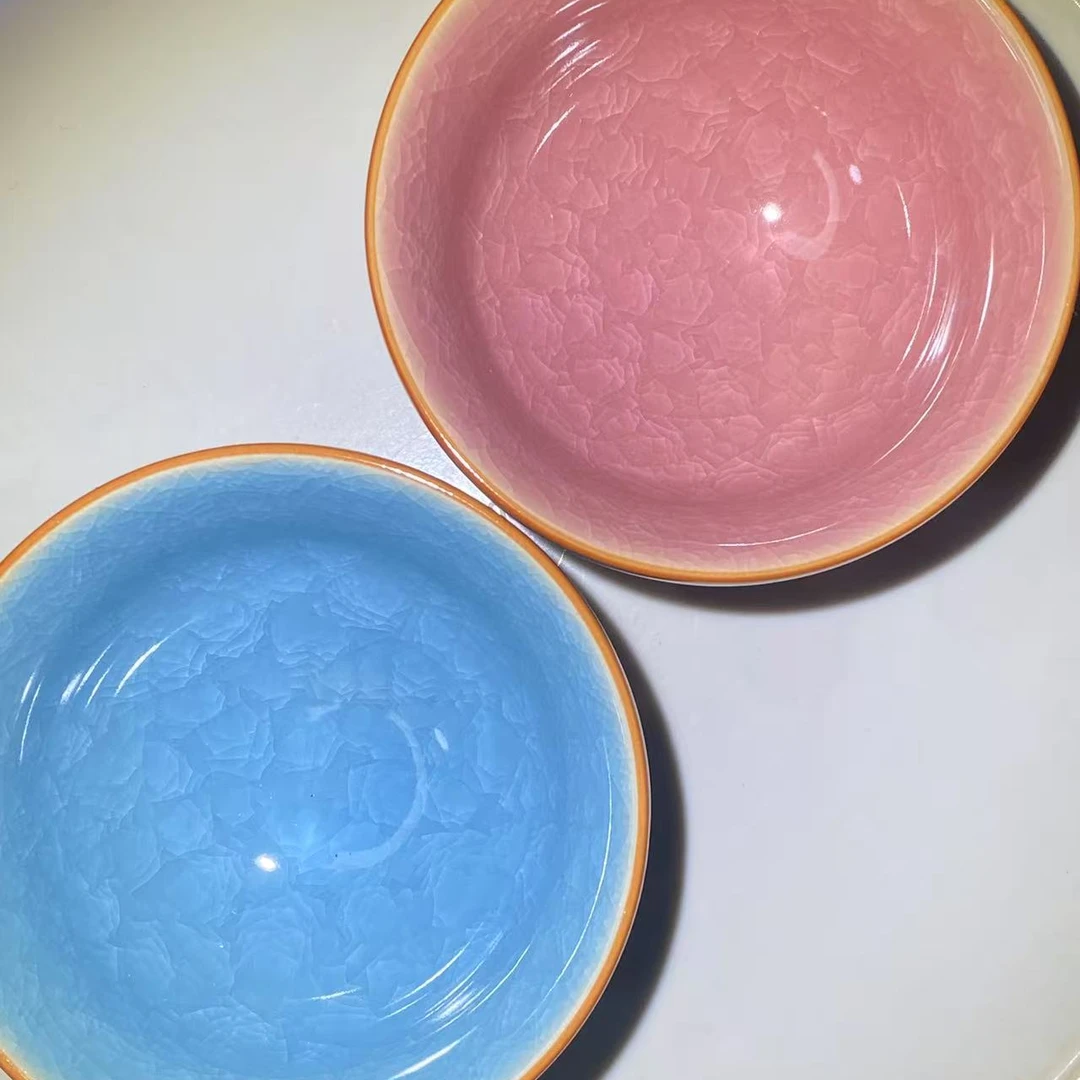 手工茶器 冰裂平口蓝+粉对杯