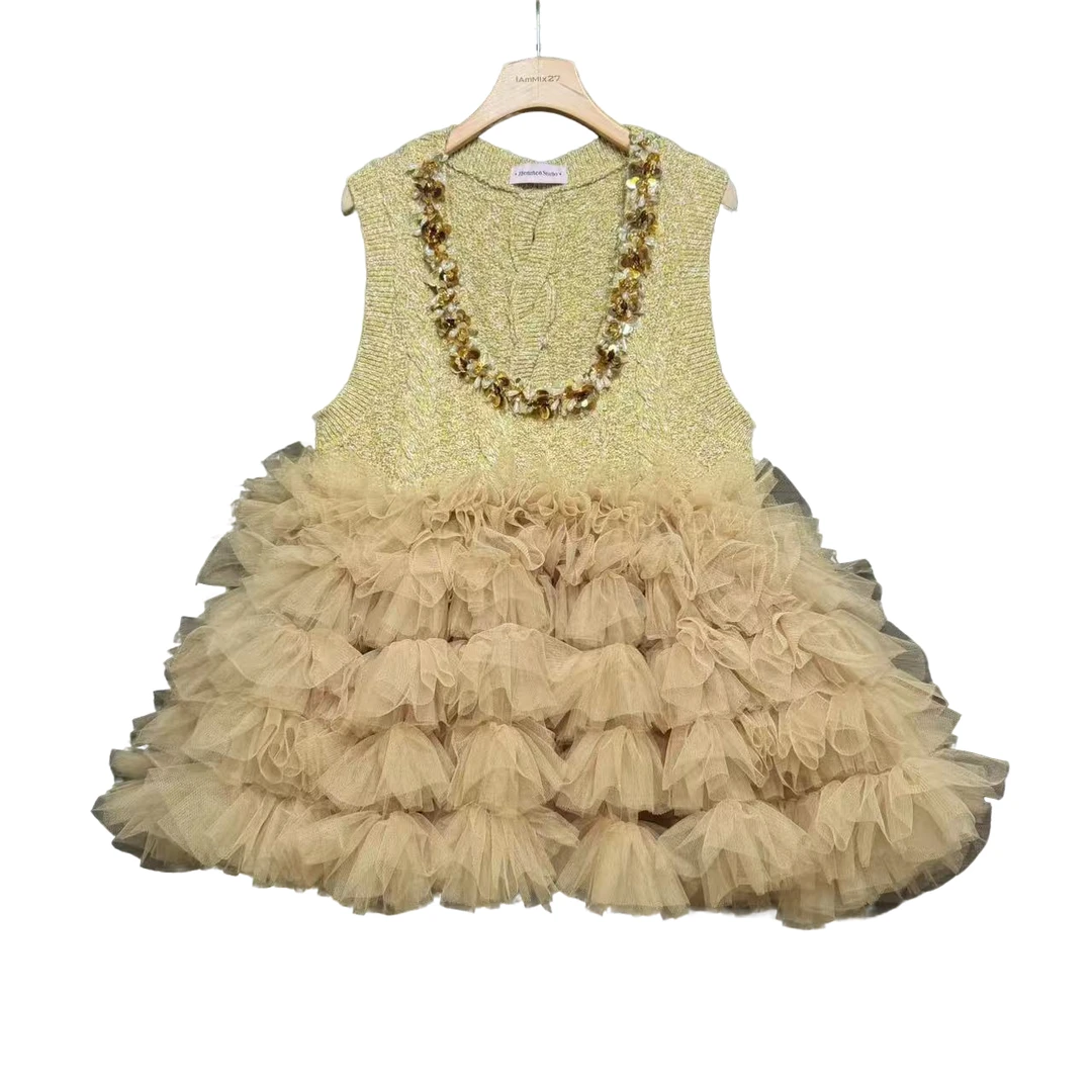 5859设计师新款秋冬洋气时尚休闲背心U型领亮片蓬蓬裙