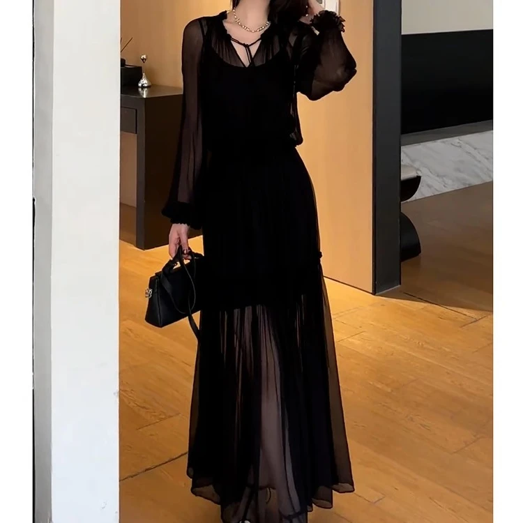 夏季风情万种女神范气质长裙高端精致高级感大方得体黑色连衣裙子