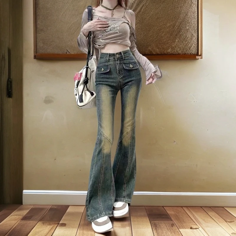 欧美街头辣妹风高腰微喇牛仔裤女2025年夏季新款修身显瘦喇叭裤