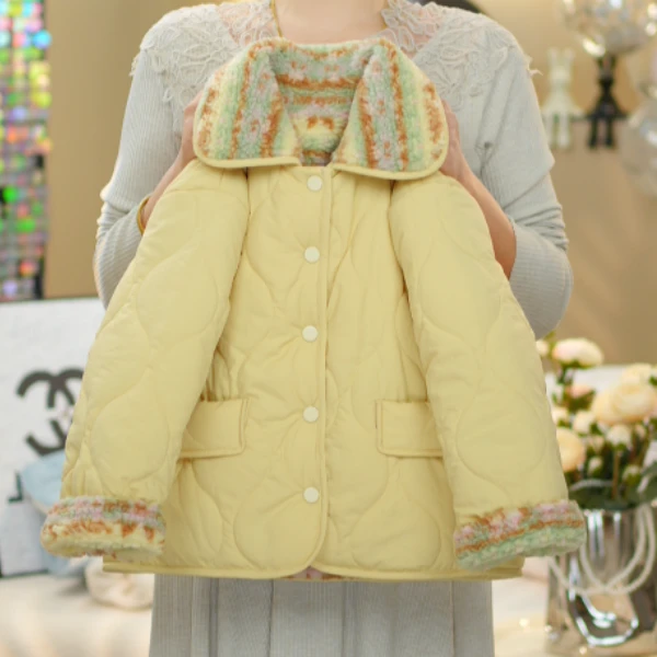 2025女童冬季韩版两面穿黄色厚款百搭休闲防风保暖棉服加厚8866