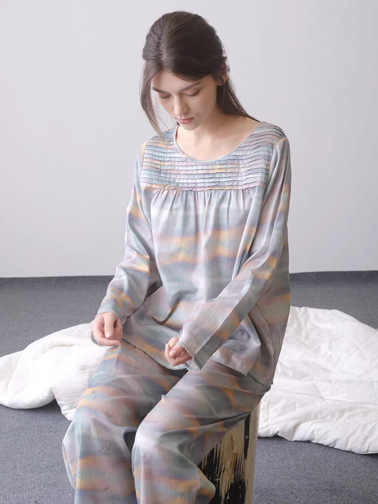 朵朵可可专柜款2024秋贡缎纯棉印花睡衣女可爱圆领套头家居服套装