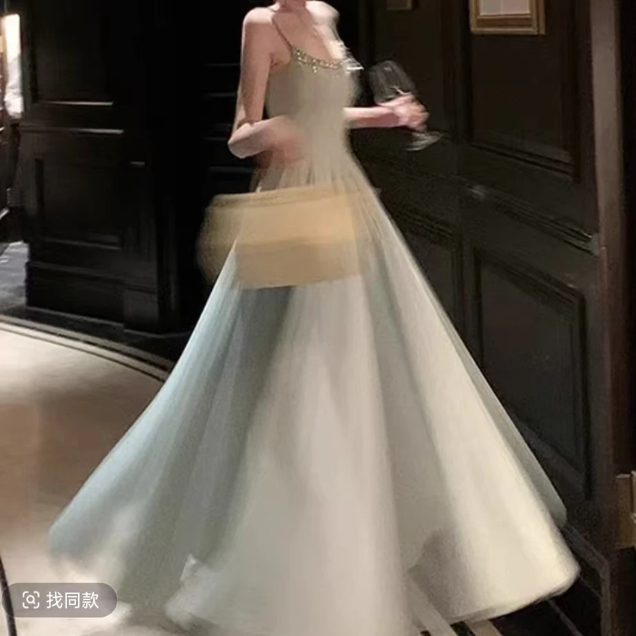 【运补6-8】轻奢高级感蓝色水晶吊带连衣裙请冷感礼服沙滩海边度假