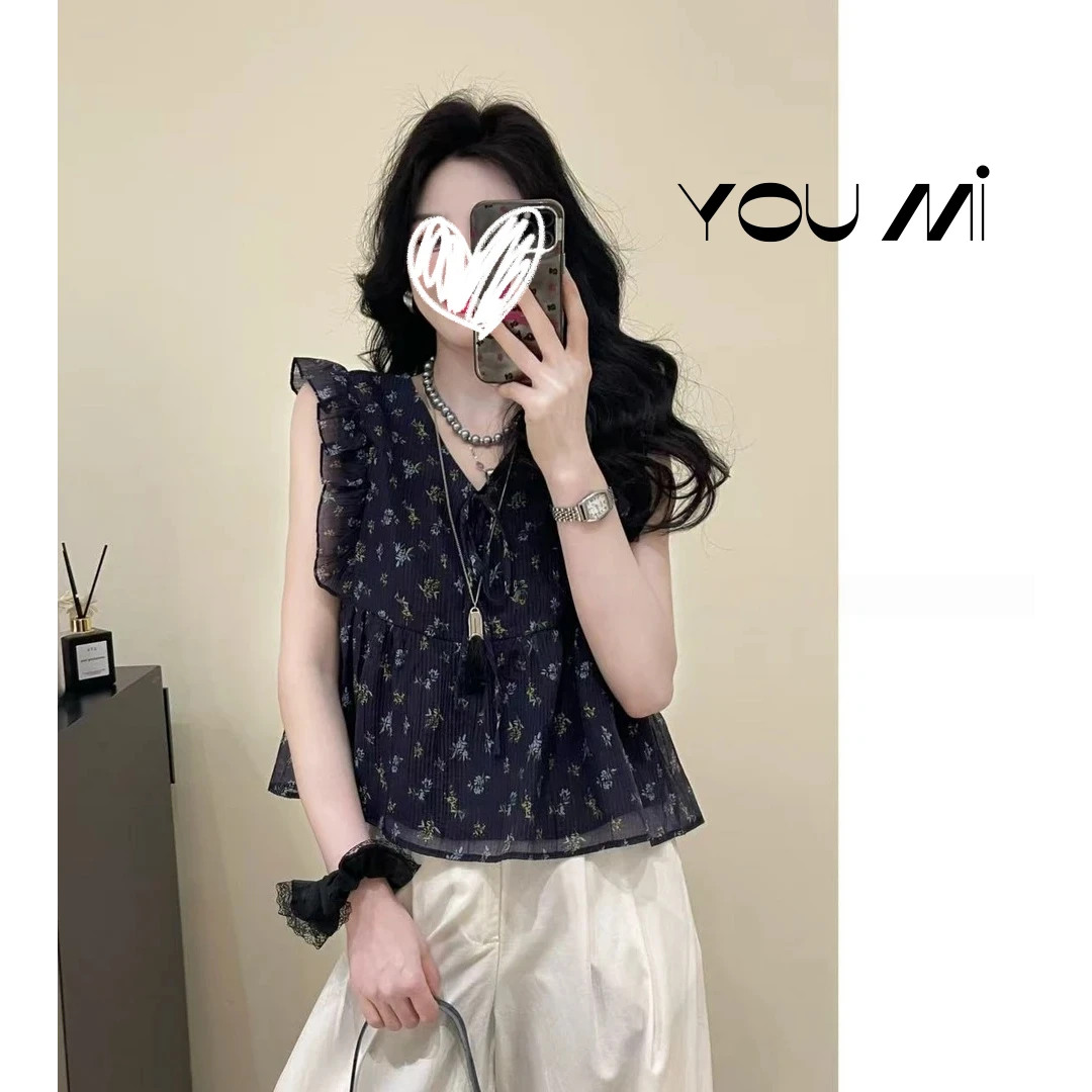 【水星记】韩系木耳边定制面料碎花小v领通勤上衣t恤女1269