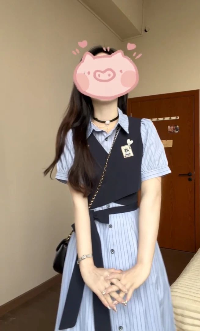 韩系学院风小个子超好看假两件条纹衬衫连衣裙女设计感A字长裙子