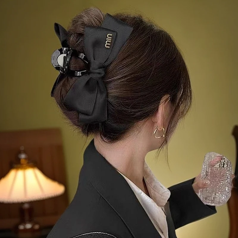 黑色蝴蝶结大号抓夹女ins新款气质复古发夹发脑勺鲨鱼夹发饰发夹