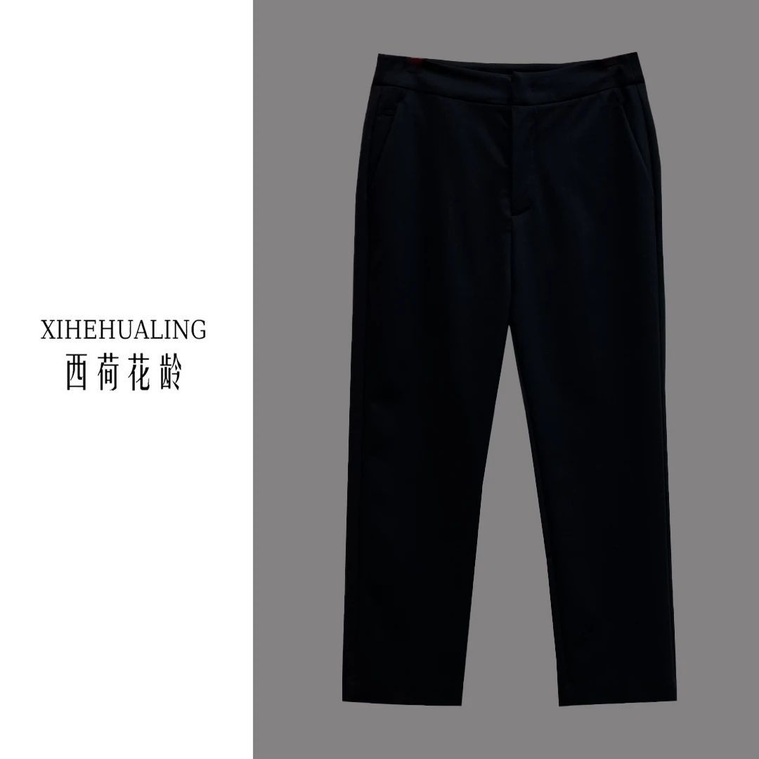 【西荷花龄高定】夏季高腰弹力舒适通勤时尚九分小黑裤K58163