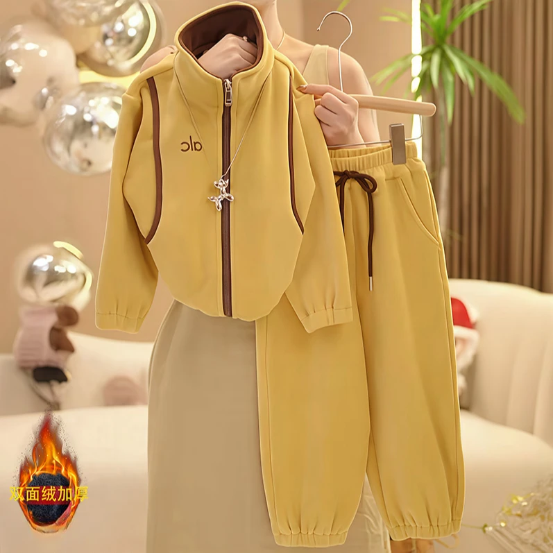 女童双面绒卫衣开衫卫裤套装秋冬2025新款立领一体绒开衫运动裤潮