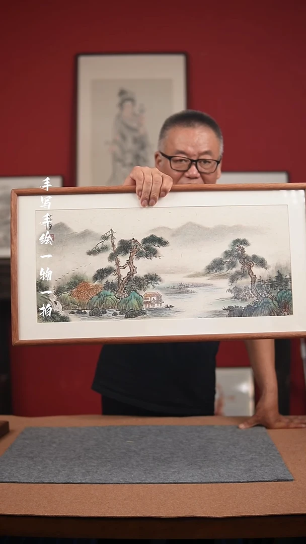 国画手绘-36*69实木框山水