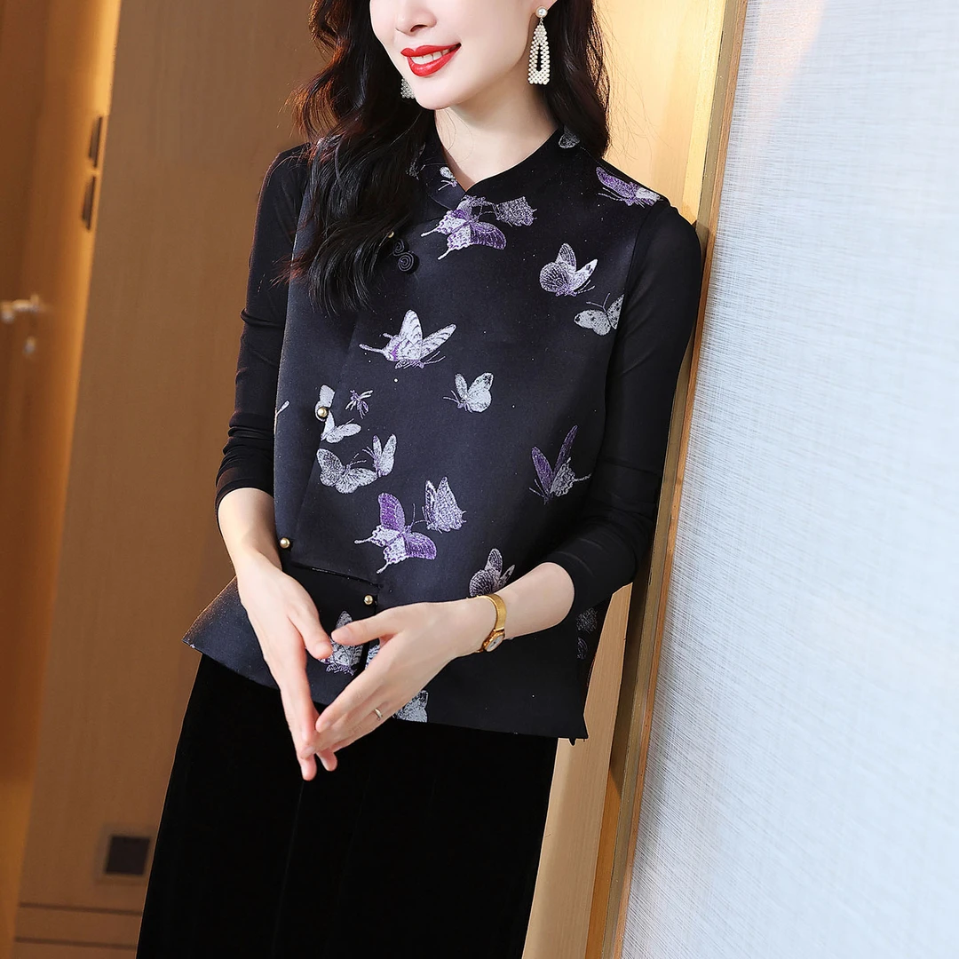 秋冬款蝴蝶桑蚕丝马甲背心女立领新中式气质国风复古无袖上衣马夹