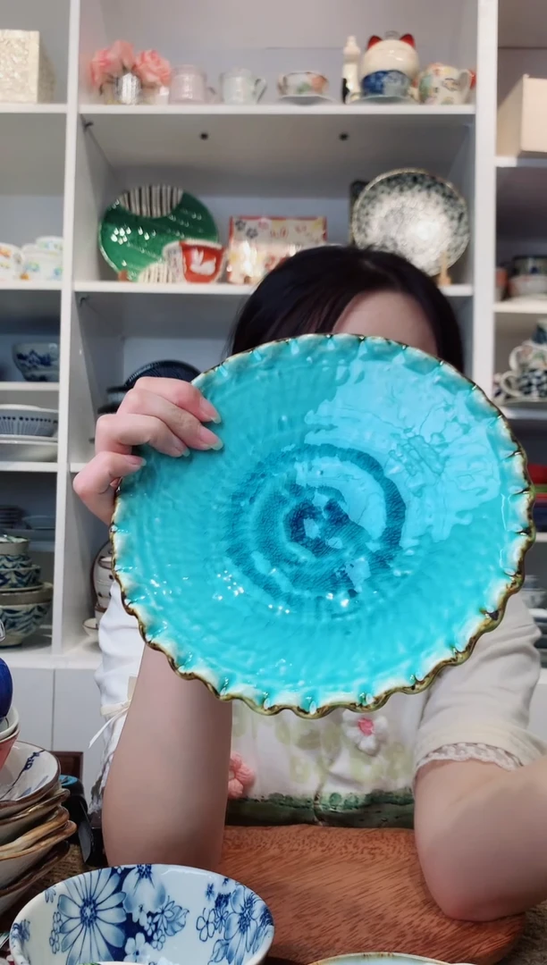 陶瓷【清仓】濑户烧手作湖水蓝冰裂纹高脚盘