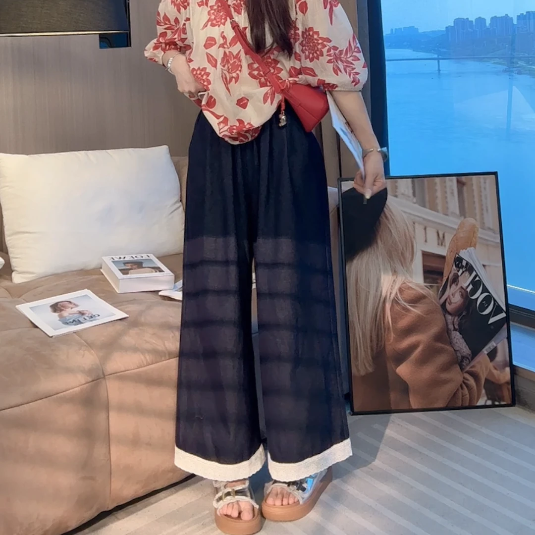 【晓溪服饰】夏季新款拼接休闲阔腿裤抽绳蕾丝花边休闲牛仔裤6225