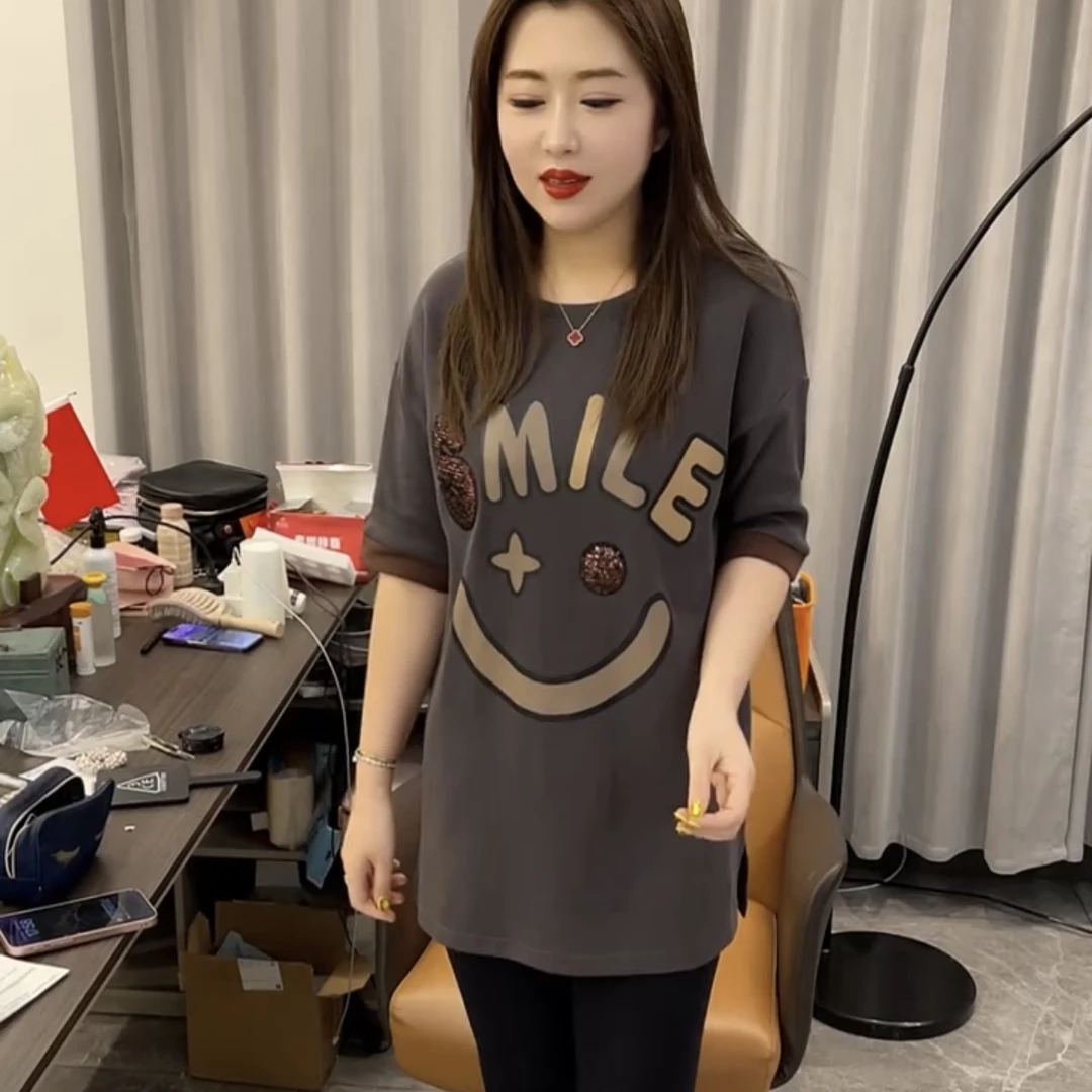 笑脸SMILE时尚百搭时尚洋T恤女圆领简约中长款宽松显瘦打底衫上衣