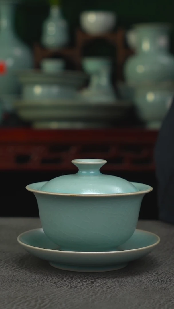 仿古釉元宝三才盖碗有瑕简包捡漏-二