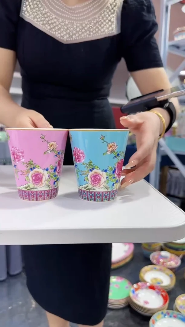 珐琅 牡丹花卉水杯2只装景德镇陶瓷