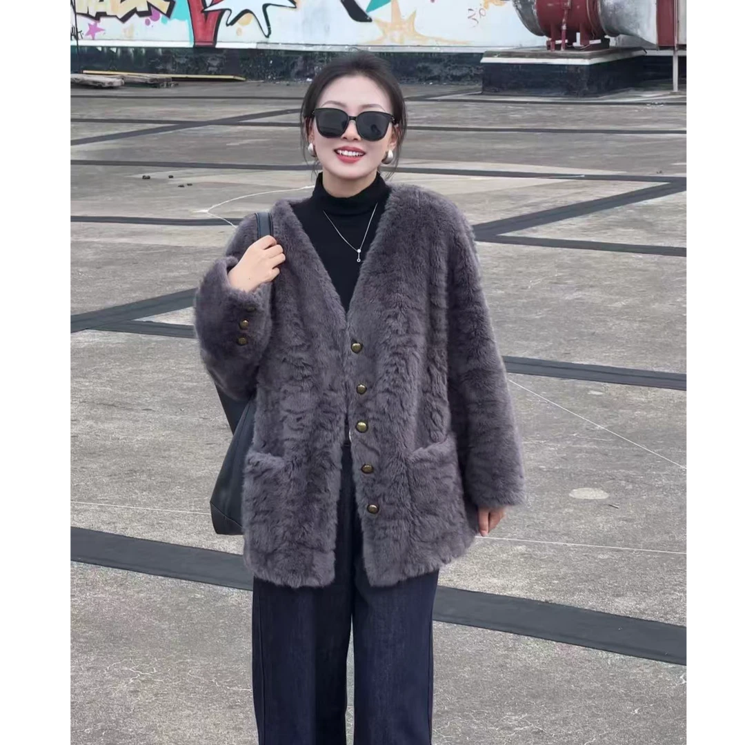 【LULU】V领冬季时尚毛毛外套冬新款休闲百搭气质感