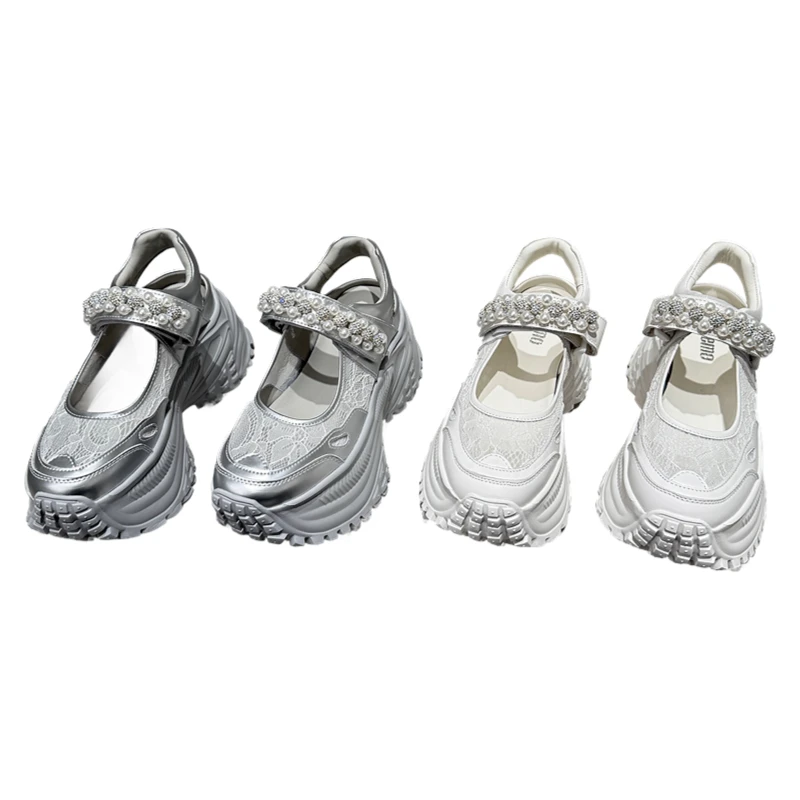 欧洲站乐魔女2025春夏新款欧货真皮厚底魔术贴玛丽珍鞋水钻休闲鞋