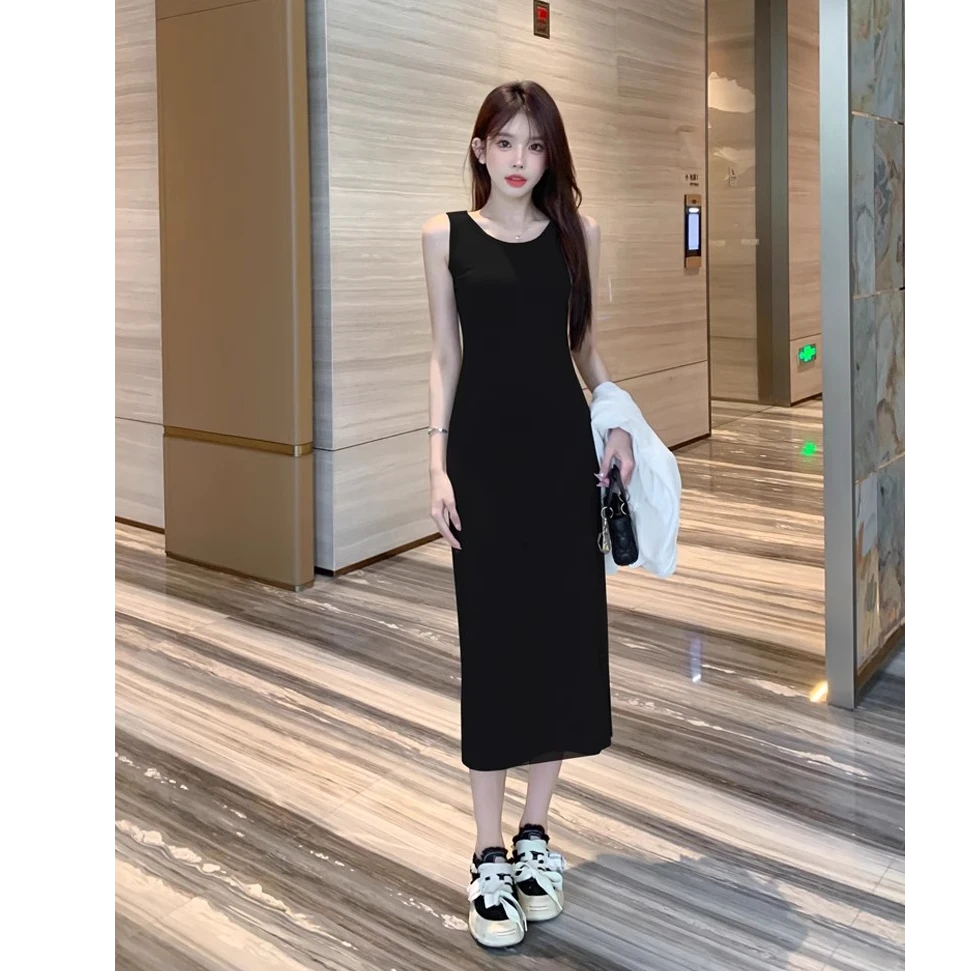 黑色吊带连衣裙女春夏季2025新款裙子修身显瘦无袖背心裙气质长裙