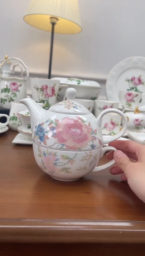 盘微瑕牡丹不退换高骨骨瓷子母壶