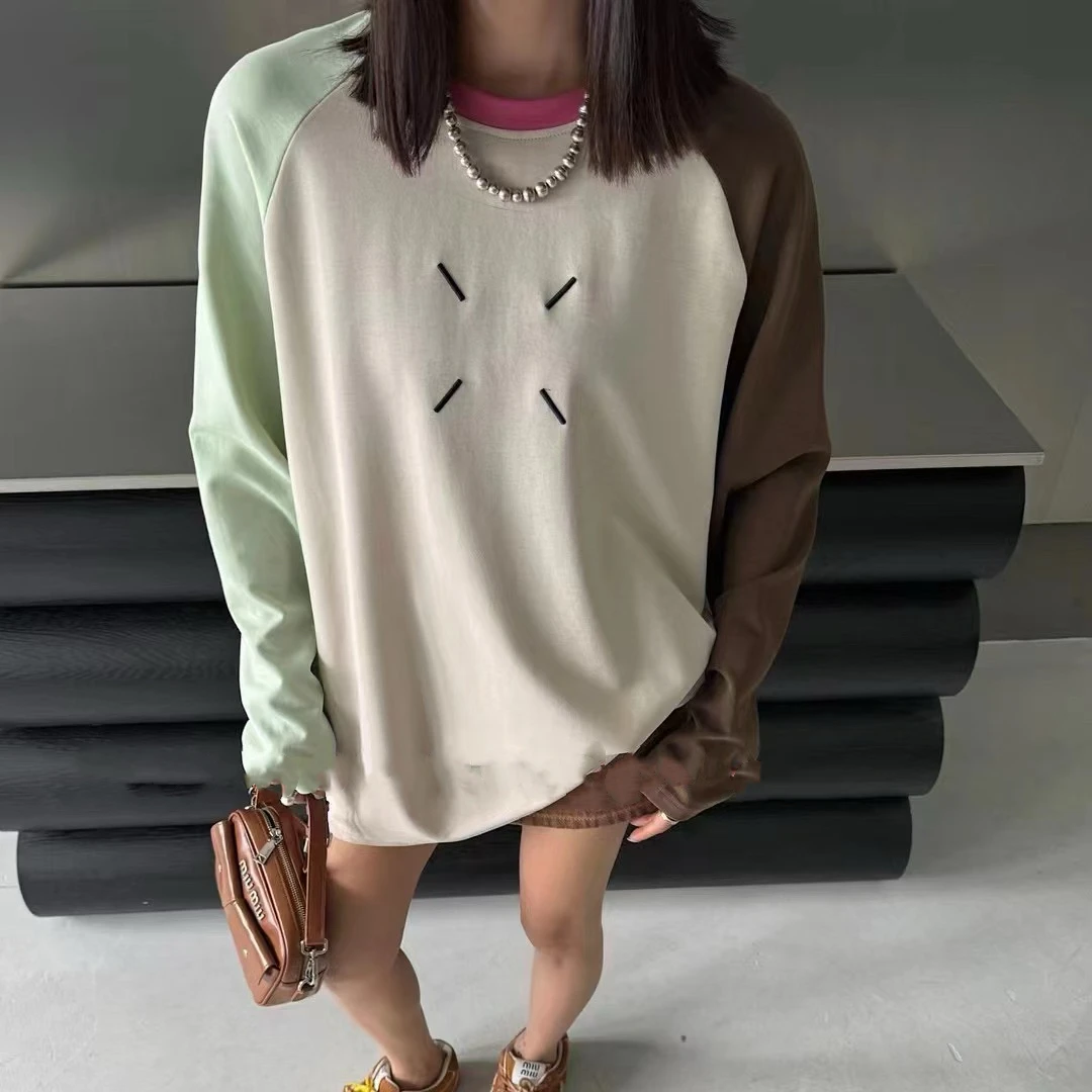 爱丽家新款纯色休闲长袖拼接撞色休闲百搭T恤MJL0302