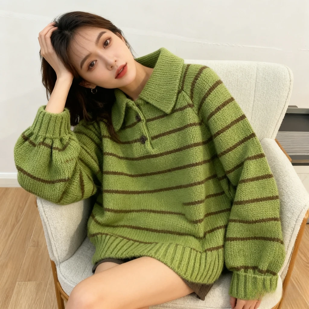 【大码】女装polo翻领绿色条纹毛衣女时尚秋冬标准爆款外套针织1483