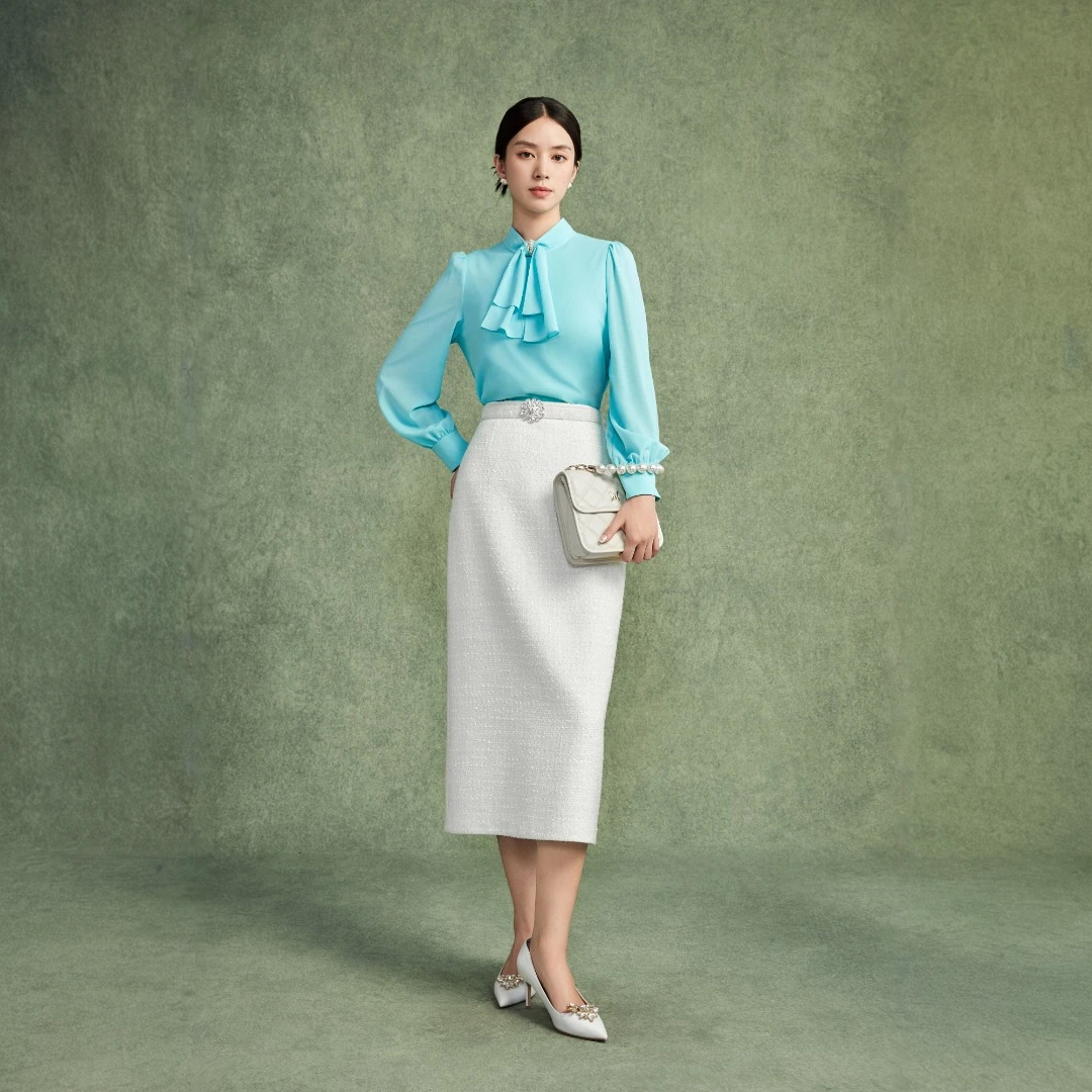 2024年新款手工钉珠钻扣垂落蝴蝶结衬衣-MJFD03WBL155T01