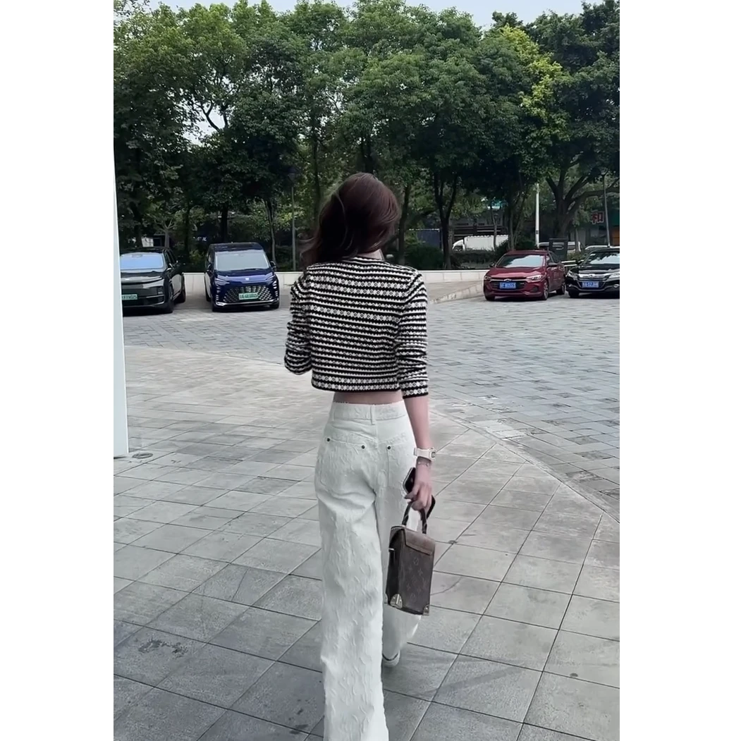 韩系气质女神2025秋季小香风条纹针织开衫外套配阔腿牛仔裤两件套