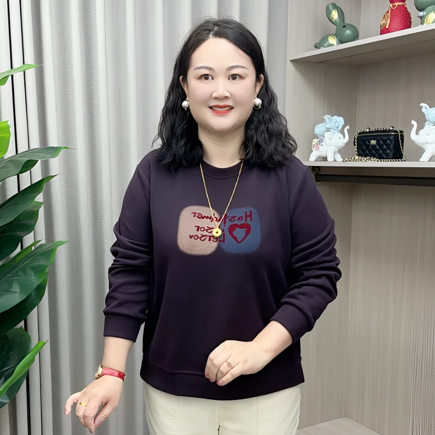 女款中老年卫衣圆领开叉印花长袖秋季宽松百搭时尚休闲套头款