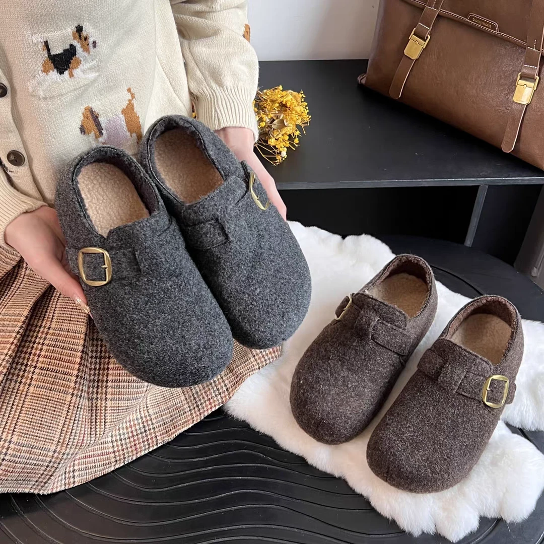 暖冬搭子●复古毛呢全包勃肯加绒女复古毛呢勃肯棉鞋
