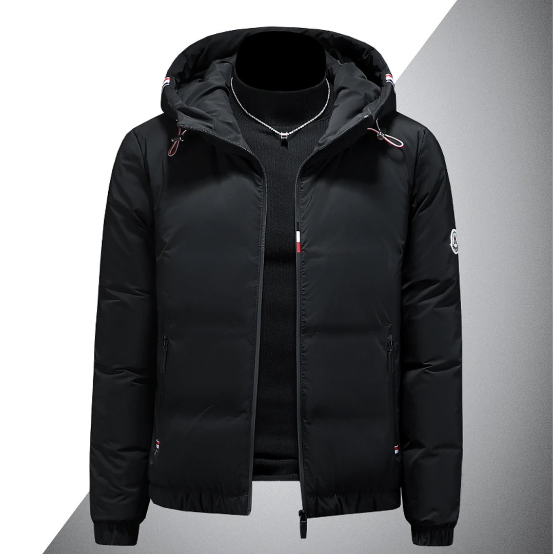 2025新款冬季男士高级简约黑色连帽羽绒男款潮流保暖短款羽绒外套