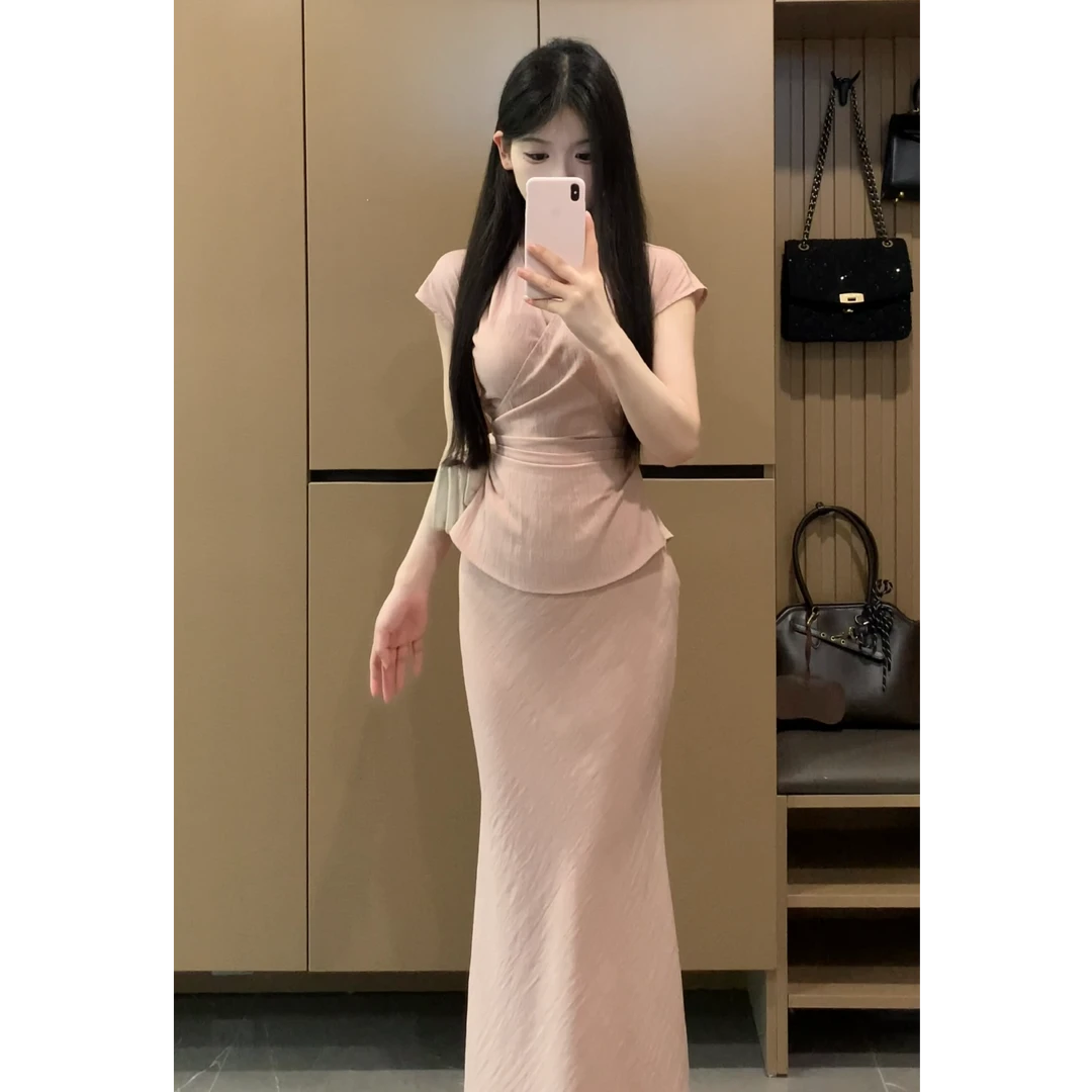 【盛夏花季】夏季新款设计款褶皱绑带上衣收腰显半身裙套装XY-177