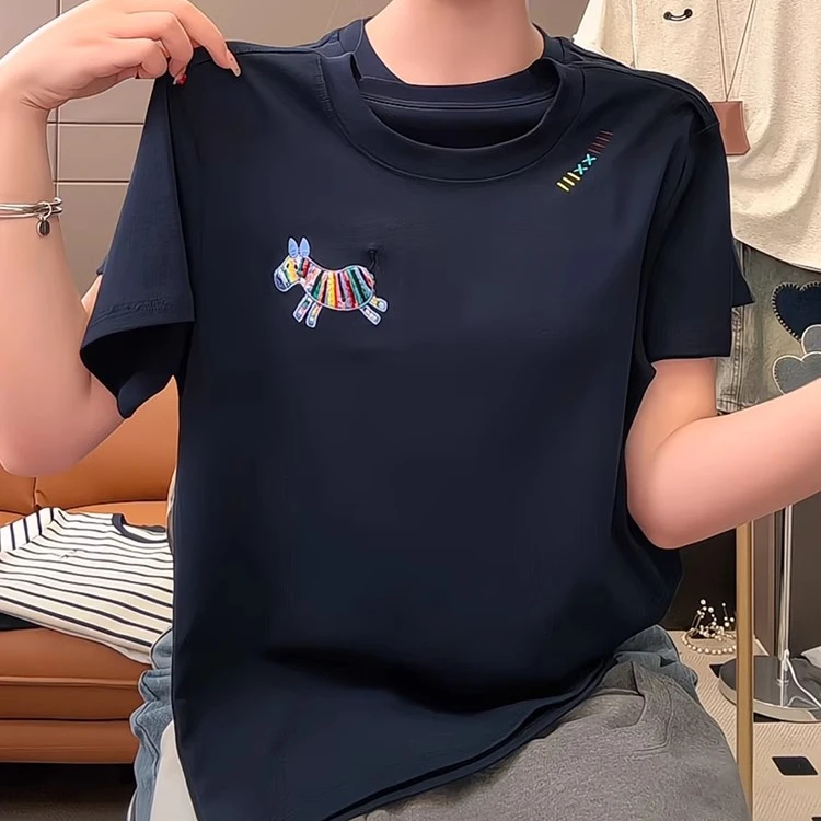 正肩圆领藏青色刺绣短袖T恤女2025年夏季新款洋气宽松休闲上衣潮