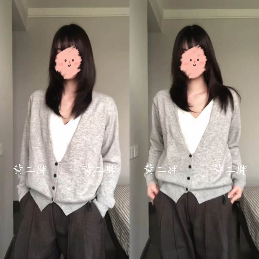韩系灰白撞色V领假两件针织开衫女秋季新款慵懒宽松显瘦软糯上衣