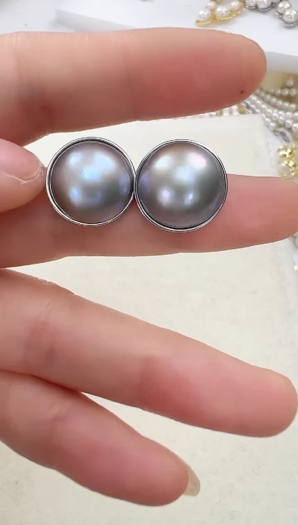 【闪购商品】拼合珍珠（马贝珠）耳饰银S925镶嵌灰色光板
