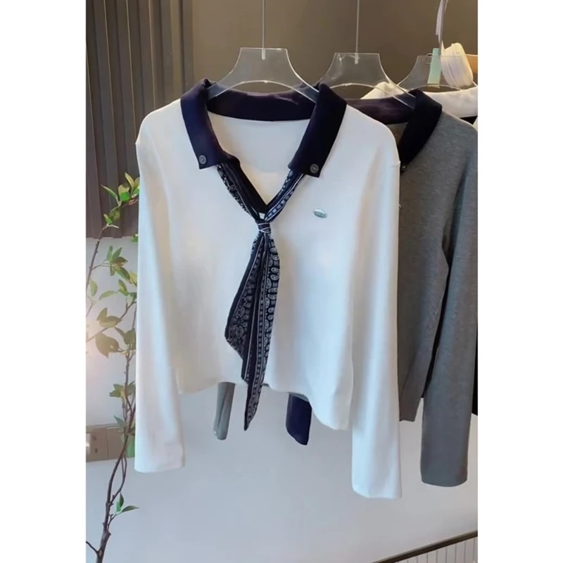 今年流行漂亮别致独特绝美小上衣女装早秋款印花丝巾系带设计长袖