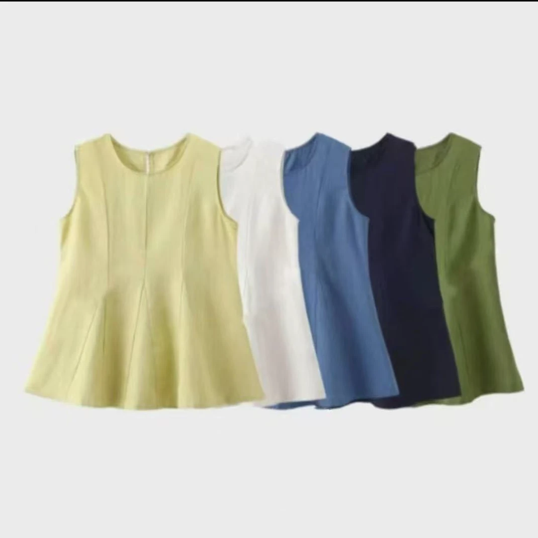 季尾青仓韩系文艺范荷叶边减龄气质上衣通勤纯色无袖显瘦百搭2537