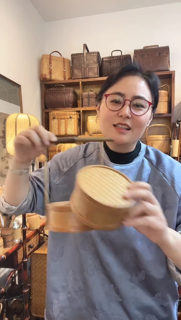 XJTC206紫竹把手竹编圆形双层小提篮