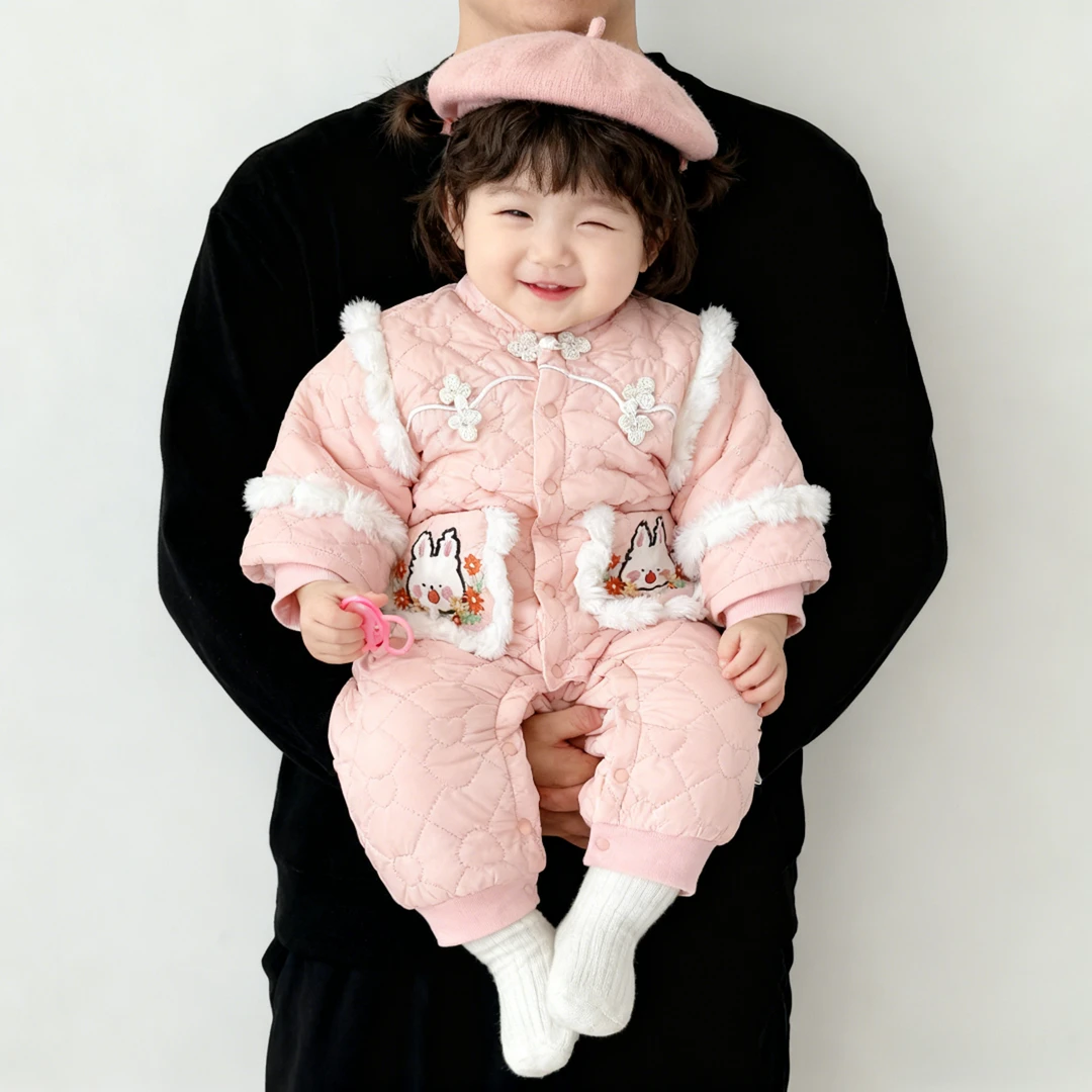 婴儿连体衣加绒冬季新款宝宝衣服甜美新生儿衣服前开扣婴儿服装