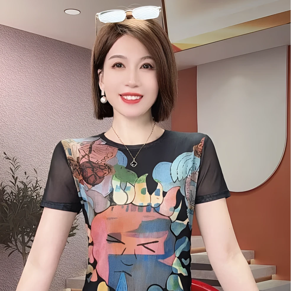 大码春夏妈妈装时尚纱网印花定位花短袖T恤圆领修身显瘦洋气上衣