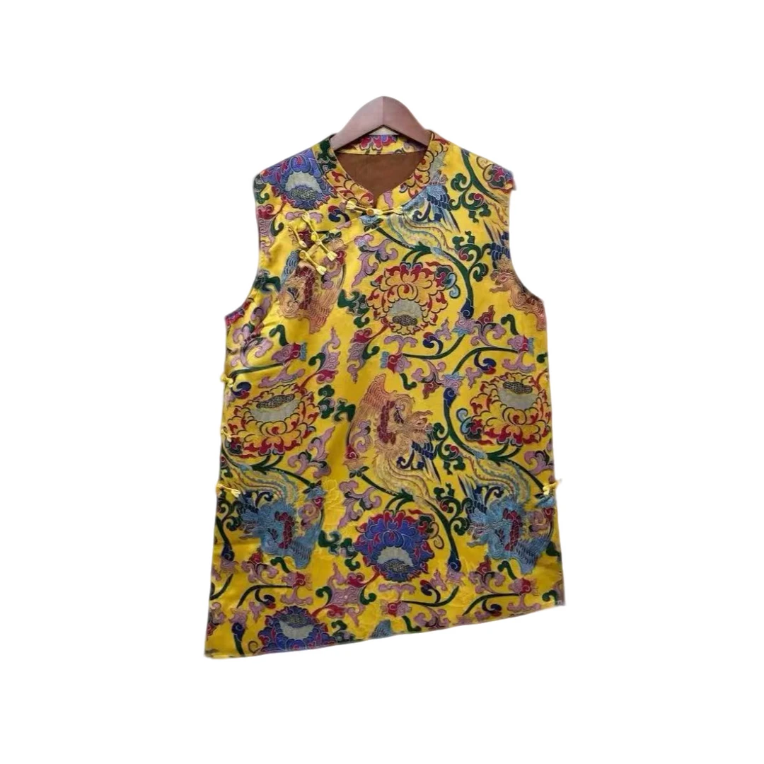 208新中式国风背心裙复古提花女无袖盘扣侧开叉不规则下摆背心