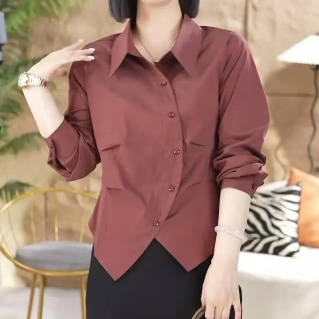 秋季新款长袖衬衫女时尚扣子款收腰显瘦气质翻领上衣洋气减龄衬衣