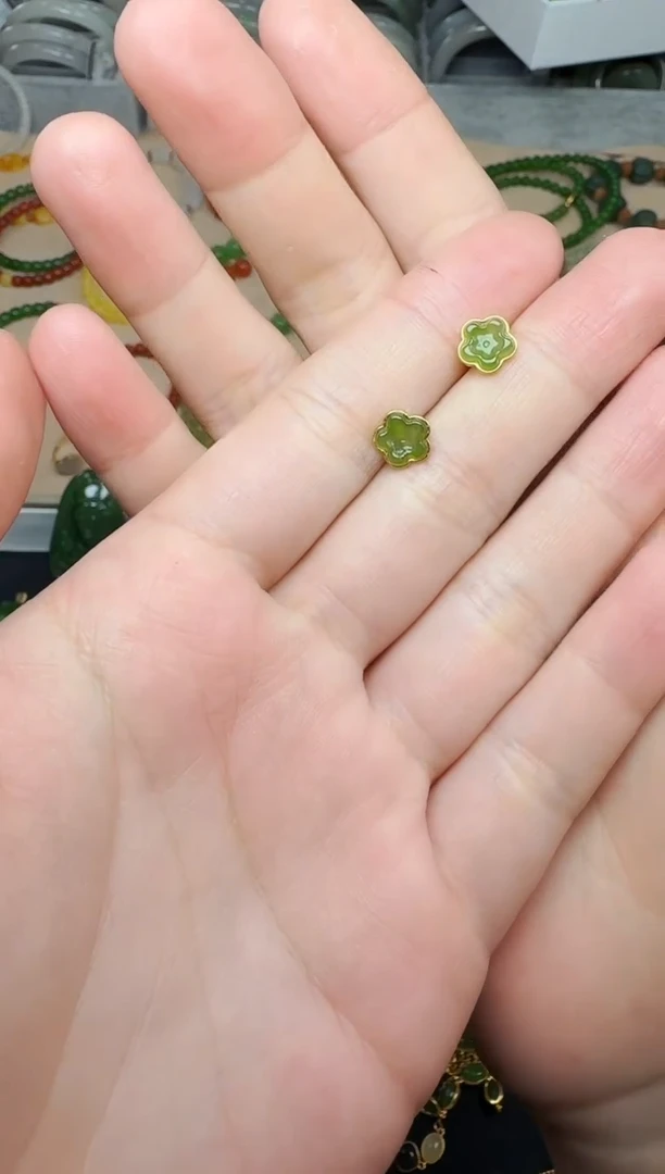 和田玉银S925镶嵌耳饰花花耳钉06