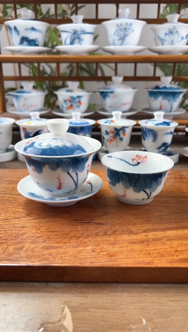全品线条莲150ml三才盖碗+压手杯1个