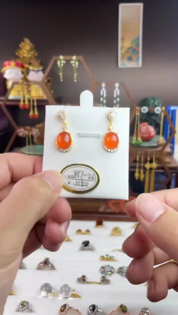 银S925镀金镶嵌欧泊珠宝奇石，817-26欧泊耳针