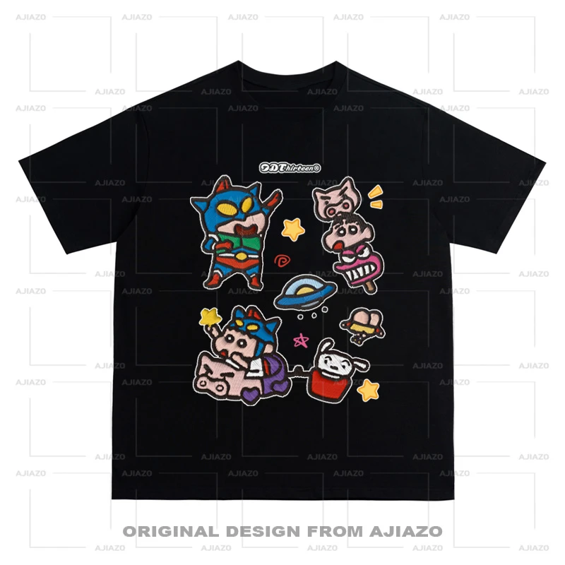 OFF M【搞怪小新】印花短袖T恤 复古重磅男女同款宽松百搭上衣